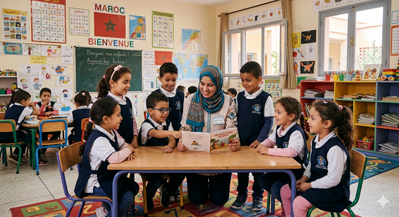معلمة مع أطفال في مدرسة مغربية